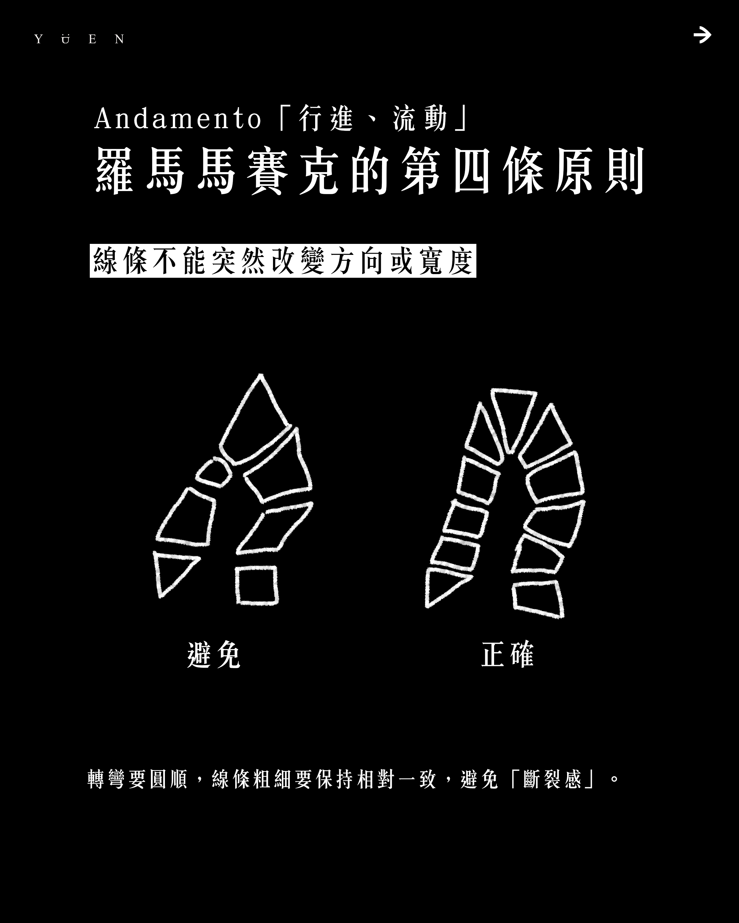 Andamento 第四原則：轉彎圓順、寬度一致示意圖